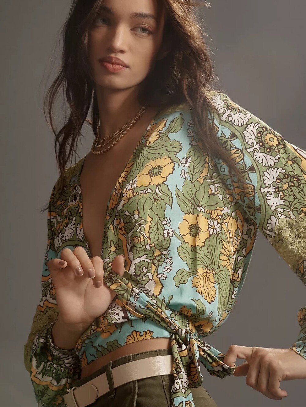 Tiny by Anthropologie Long-Sleeve Printed V-Neck Wrap Top - XL